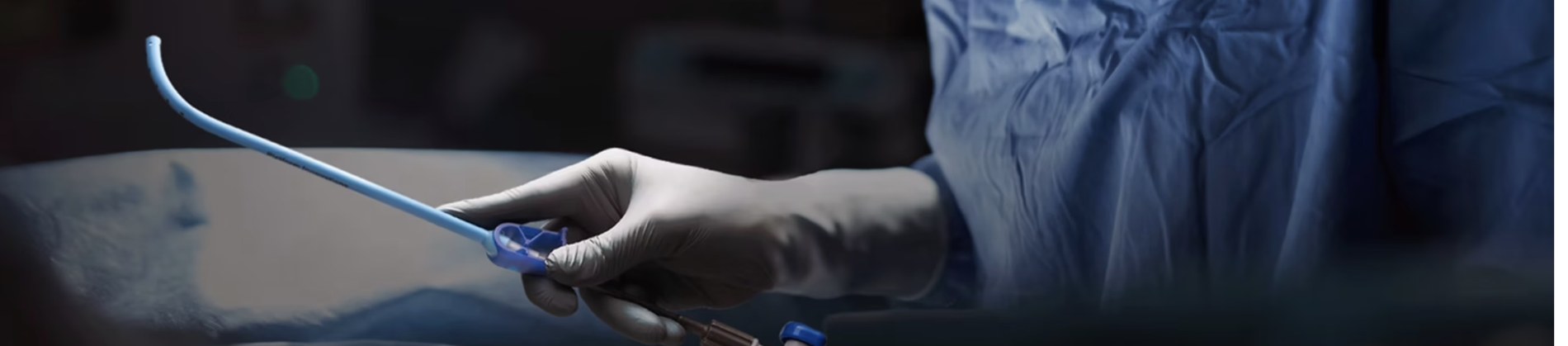 Gloved surgeon holding the ACSIS device in the operating room